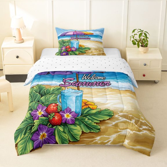 Manfei Pretty Flowers Twin Comforter Sets,Sun Golden Sand Bedding Set,Yellow Blue,Reversible,2 Pieces,1 Comforter and 1 Pillowcase