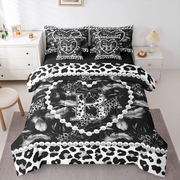 Manfei Pretty Initial B 7-Piece King Bedding,Cute Leopard Pattern King Bed in a Bag,Black,Black Reversible