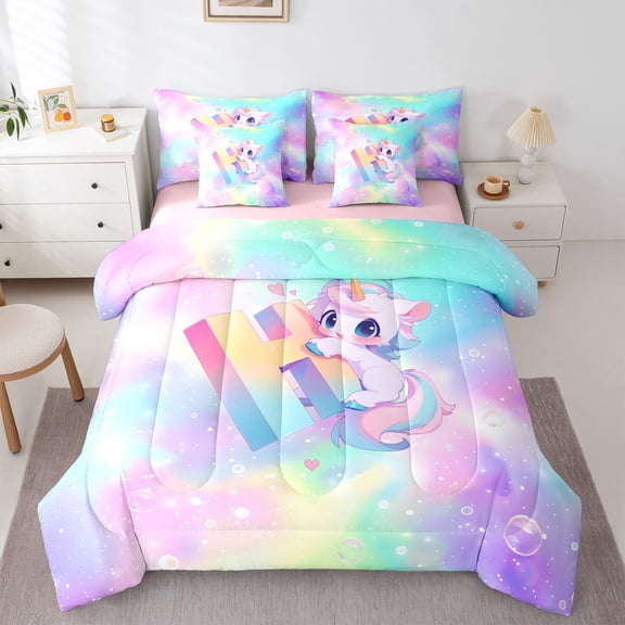 Manfei Pretty Initial H Print 7-Piece Twin Bedding,Cute Unicorn Bedding Comforter Set,Multicolored,Pink Reversible