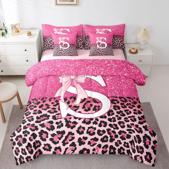 Manfei Pretty Leopard Monogram S 7-Piece King Bedding,Kawaii Bownot King Bed in a Bag,Pink,Pink Reversible