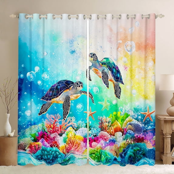 Manfei Pretty Marine Life Blackout Curtains,Cute Sea Turtle Curtains Pack of 2 (42x84 Each),Blue Yellow