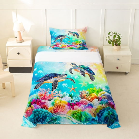 Manfei Pretty Marine Life Twin Sheets,Cute Sea Turtle Bedding,Blue Yellow,3-Piece,1 Fitted Sheet and 1 Pillowcase