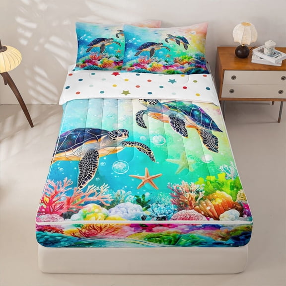 Manfei Pretty Marine Life Zipper Twin Comforter Sets with Fitted Sheet and 2 Pillowcases,Cute Sea Turtle Zipper Bedding Set,Blue Yellow,Polkadot Reversible,4pcs