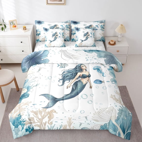 Manfei Pretty Mermaid 7 Pieces Full Size Bedding Sets,Calm Sea Plant Full Size Bed in a Bag,Green White,Reversible