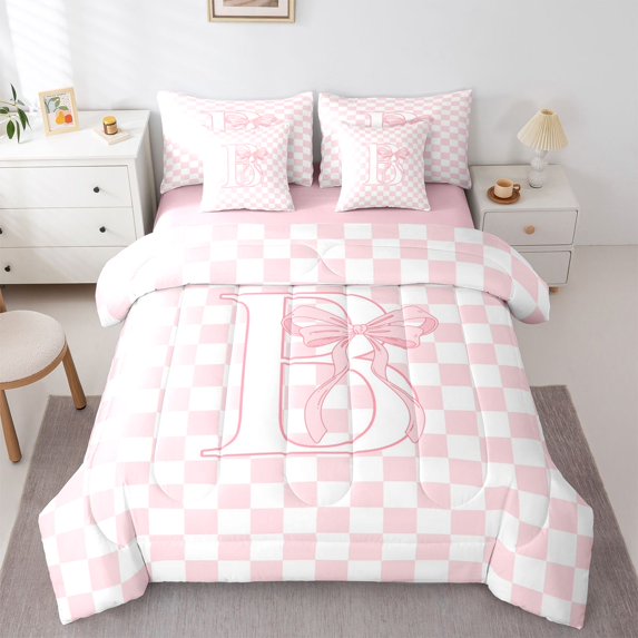 Manfei Pretty Monogram B 7pcs Queen Bedding,Checkerboard Bowtie Bedding Comforter Set Queen,Pink,Pink Reversible