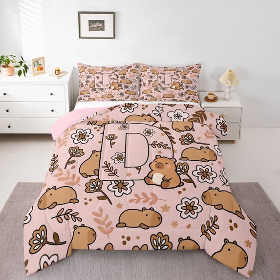 Manfei Pretty Monogram D Queen Comforter Set,Lovely Capybara Comforter Sets Queen,Pink,Pink Reversible,3-Piece,1 Comforter and 2 Pillowcases