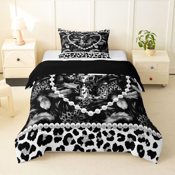 Manfei Pretty Monogrammed L Twin Comforter Sets,Lovely Pearl Cheetan Print Bedding Set,Black,Black Reversible,2 Pieces,1 Comforter and 1 Pillowcase