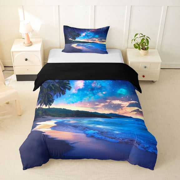 Manfei Pretty Night Sky Twin Duvet Cover,Calm Sea Waves Twin Bedding,Multicolor,Black Reversible,2pcs,1 Duvet Cover and 1 Pillowcase