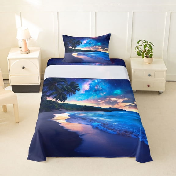 Manfei Pretty Night Sky Twin Sheets,Calm Sea Waves Bedding,Multicolor,3pcs,1 Fitted Sheet and 1 Pillowcase