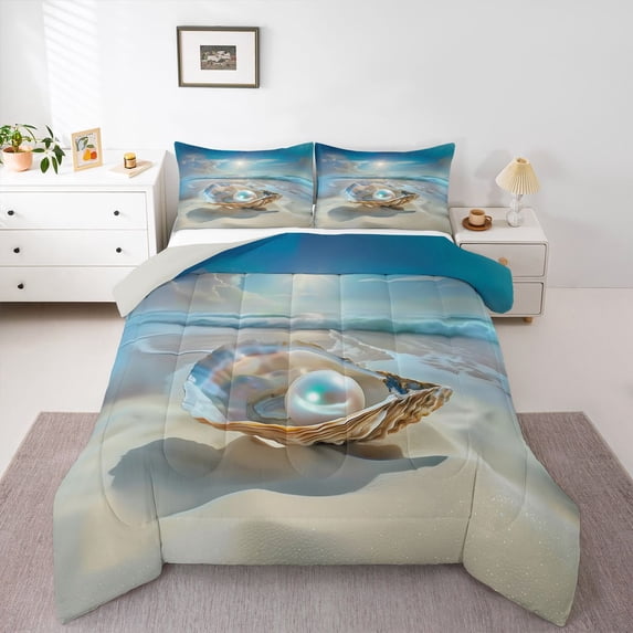 Manfei Pretty Pearl Full Size Comforter Sets,Cartoon Seashell Bedding Comforter Set,Blue Yellow,Light Gray Reversible,3pcs,1 Comforter and 2 Pillowcases