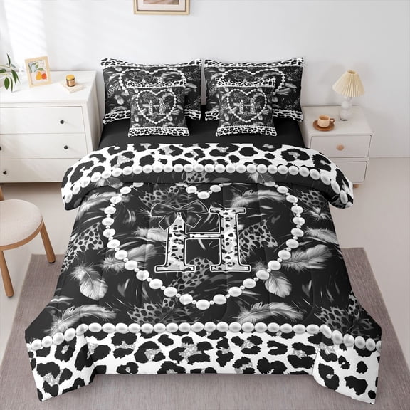 Manfei Pretty Pearl Print 7-Piece King Bedding,Classic Leopard Pattern King Bed in a Bag,Black,Black Reversible