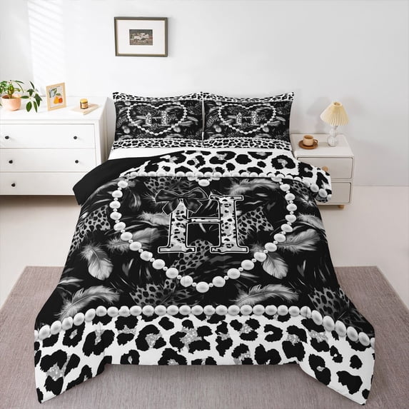 Manfei Pretty Pearl Print Queen Comforter Set,Classic Leopard Pattern Comforter Sets Queen,Black,Black Reversible,3-Piece,1 Comforter and 2 Pillowcases