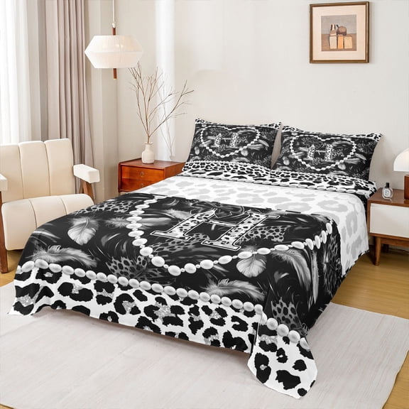 Manfei Pretty Pearl Print Queen Sheets,Classic Leopard Pattern Queen Sheet Sets,Black,4-Piece