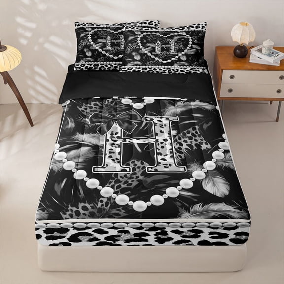 Manfei Pretty Pearl Print Zipper Twin Comforter Sets with Fitted Sheet and 2 Pillowcases,Classic Leopard Pattern Zipper Bedding Set,Black,Black Reversible4pcs