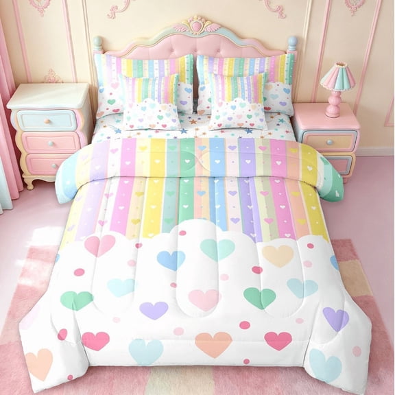 Manfei Pretty Rainbow 7 Pieces Bedding Comforter Set For Kids Girls,Colorful Love Heart Full Bedding Set Reversible