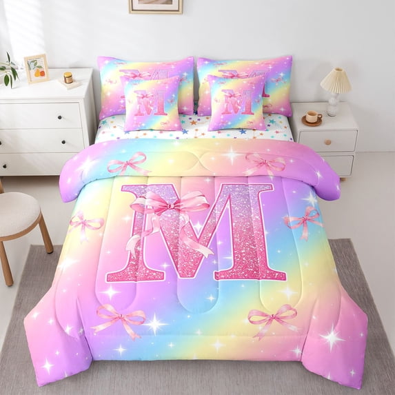 Manfei Pretty Rainbow Bownot 7pcs Queen Bedding,Cute Initial M Bedding Comforter Set Queen,Pink,Colorful Stars Reversible
