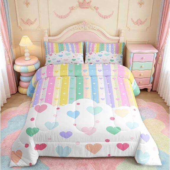 Manfei Pretty Rainbow Twin Comforter Sets For Kids Girls, Colorful Love Heart Bedding Set 2pcs