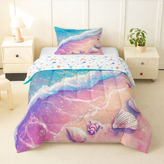 Manfei Pretty Seashell Twin Comforter Sets,Ocean Waves Bedding Set,Purple,Colorful Stars Reversible,2 Pieces,1 Comforter and 1 Pillowcase