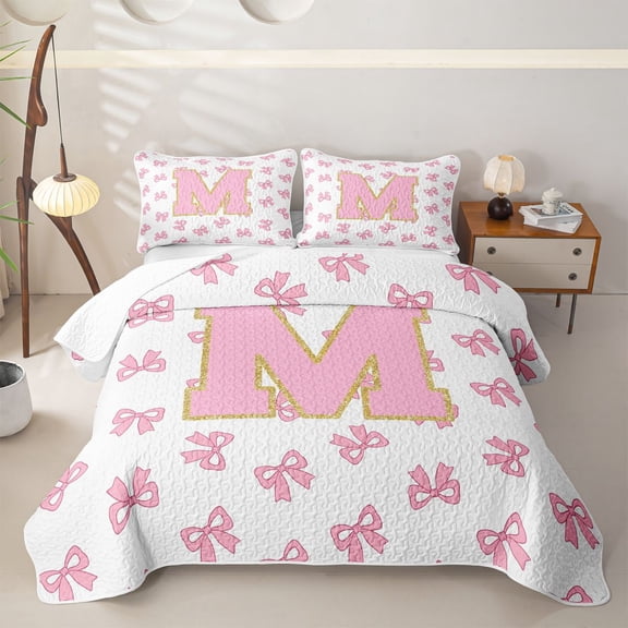 Manfei Pretty Sequin Print Bed Spread Queen,Cute Initial M Queen Coverlet Set,Pink,3 Pieces