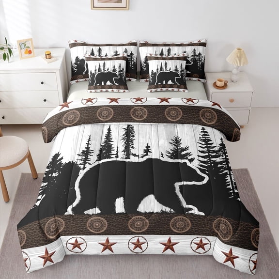 Manfei Pretty Stars 7 Pieces Full Size Bedding Sets,Black Bear Full Size Bed in a Bag,White,Light Gray Reversible