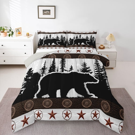 Manfei Pretty Stars Queen Comforter Set,Black Bear Comforter Sets Queen,White,Light Gray Reversible,3-Piece,1 Comforter and 2 Pillowcases