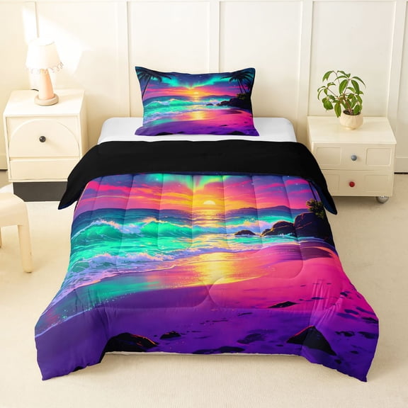 Manfei Pretty Sunset Twin Comforter Sets,Multicolor Ocean Waves Bedding Set,Black Reversible,2pcs,1 Comforter and 1 Pillowcase