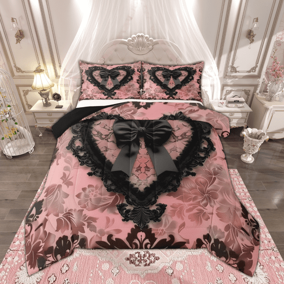 Manfei Princess Black Bow Full Size Comforter Sets, Chic Lattice Ribbon Bedding Comforter Set, Vintage Pink Blossom Bedding Sets, Super Cozy Room Decor Reversible 3-Piece