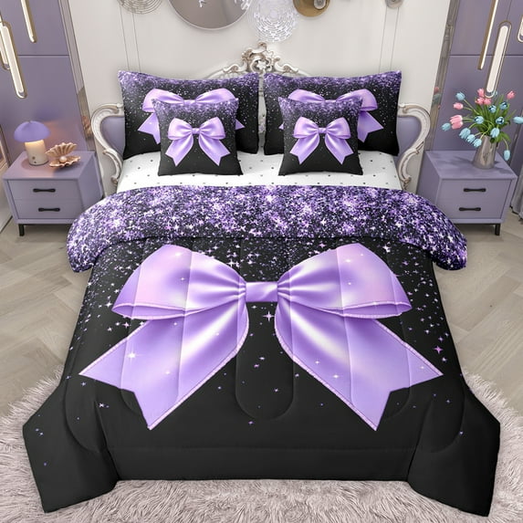 Manfei Princess Bling Bowknot Bedding Comforter Set 7 Pieces, Dreamy Glitter Bow-tie Full Bedding Set, Black Purple Cartoon Fitted Sheet Flat Sheet, Breathable Home Decor