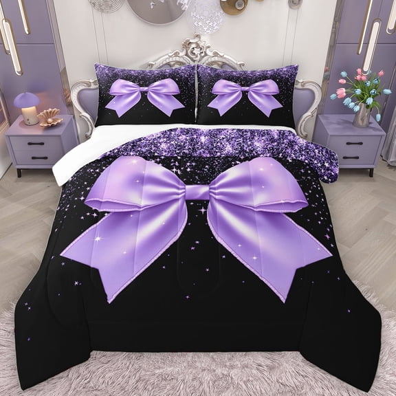 Manfei Princess Bling Bowknot Queen Comforter Set, Dreamy Glitter Bow-tie Bedding Sets, Black Purple Cartoon Bedding Comforter Set, Breathable Home Decor, 3pcs