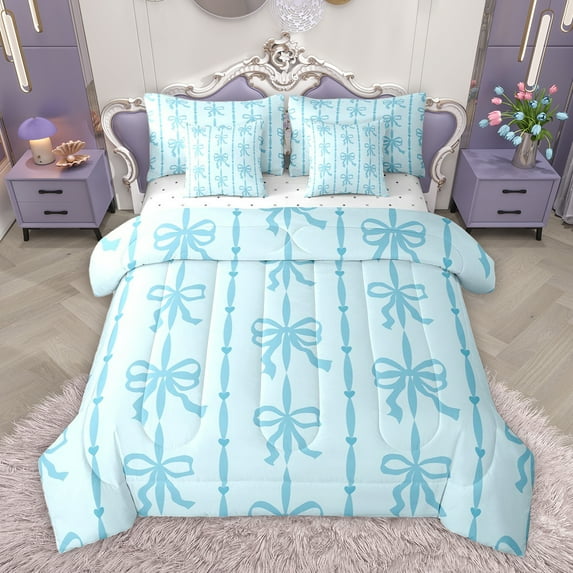 Manfei Princess Blue Ribbon Twin Bedding Sets 7-Piece, Abstract Stripes Bedding Comforter Set, Kawaii Love Heart Reversible Sheet Sets, Ultra Soft Bedroom Decor