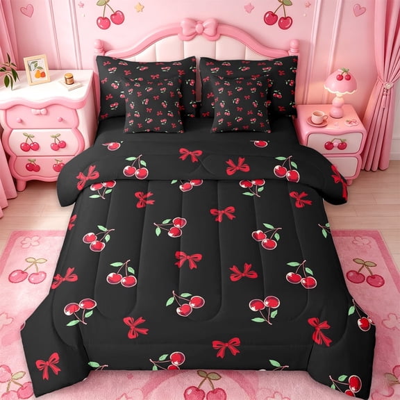 Manfei Princess Bow 7-Piece Twin Bedding Sets For Kids,Kawaii Cherries Bedding Comforter Set For Girls,Black Reversible