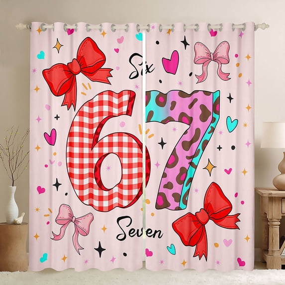 Manfei Princess Bow Blackout Curtains Set of 2 (52x84 Each),3D Cartoon Six Seven Number Check Curtain