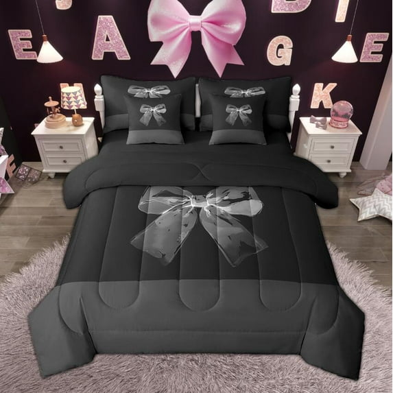 Manfei Princess Bow Tie Bedding Comforter Set 7 Pieces for Girls, Kawaii Bowknot Full Bedding Set, Cute Hearts Fitted Sheet Flat Sheet, Black Gray Bedroom Decor