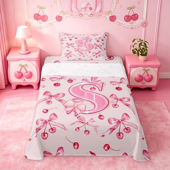 Manfei Princess Bow Twin Sheet Sets For Girl,Cherries Theme Letter S Initial Lettering Bedding For Cheery Lover,3-Piece