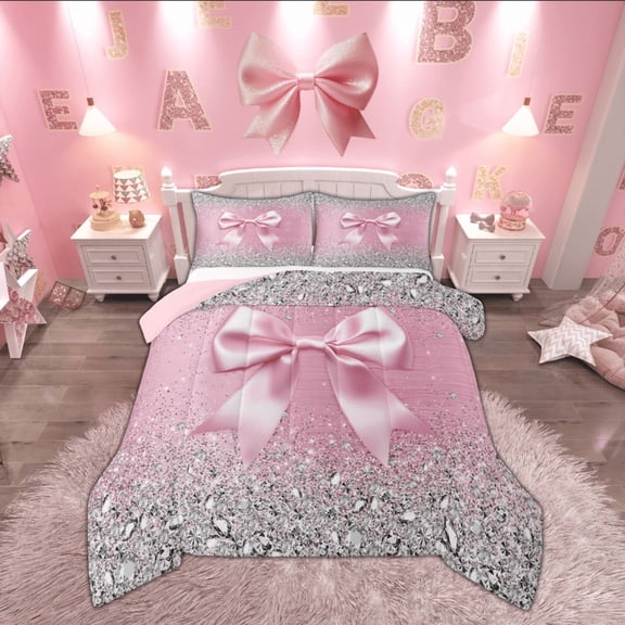 Manfei Princess Bow-tie Bedding Comforter Set, Bling Diamond Twin Comforter Sets, Pink Chic Ribbon Bedding Set, Microfiber Room Decorative, 2 Piece