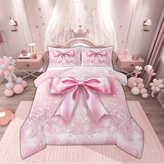 Manfei Princess Bow-tie Child Bedding Comforter Set, Dreamy Cartoon Bowknot Twin Comforter Sets, Glitter Stars Print Reversible Bedding Set, Breathable Home Decor, 2pcs