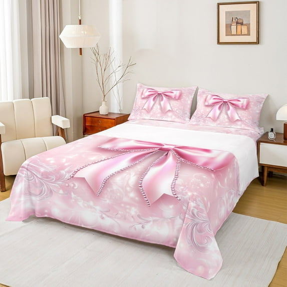 Manfei Princess Bow-tie Child Twin Sheet Sets, Dreamy Cartoon Bowknot Twin Fitted Sheet, Glitter Stars Print Flat Sheet, Breathable Home Decor, 3pcs