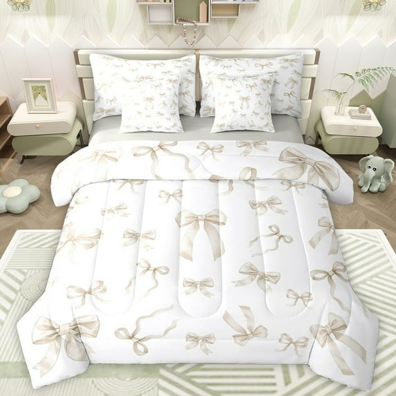 Manfei Princess Bow-tie Kids Bedding Comforter Set 7pcs, Kawaii Beige Ribbon Queen Bedding Sets, Fairy Tale Theme Reversible Queen Sheet Sets, Luxury Bedroom Decor