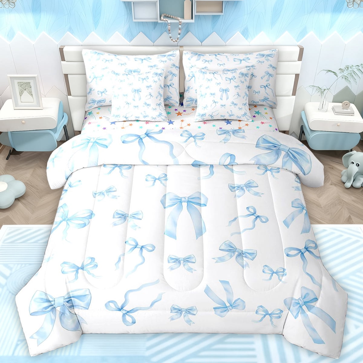 Manfei Princess Bow-tie Kids Bedding Comforter Set 7pcs, Kawaii Blue ...