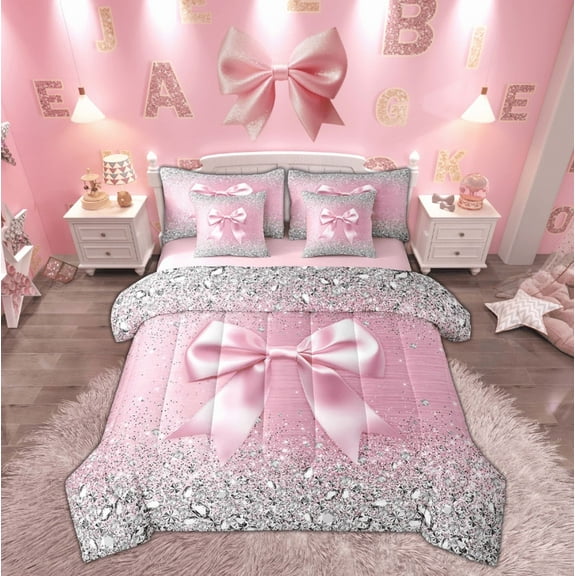 Manfei Princess Bow-tie Twin Bedding Sets 7-Piece, Bling Diamond Bedding Comforter Set, Pink Chic Ribbon Sheet Sets, Microfiber Room Decorative