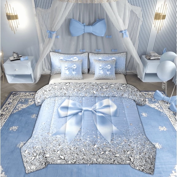 Manfei Princess Bow-tie Twin Bedding Sets 7-Piece, Bling Diamond Bedding Comforter Set, Pink Chic Ribbon Sheet Sets, Ultra Soft Bedroom Decor
