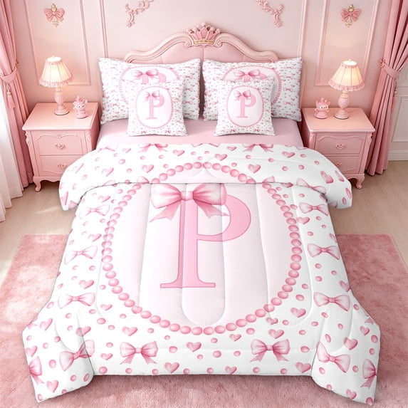 Manfei Princess Bowknot 7-Piece Bedding Comforter Set For Girls,Letter P Monogram King Bedding Sets For Kids,Pink Reversible