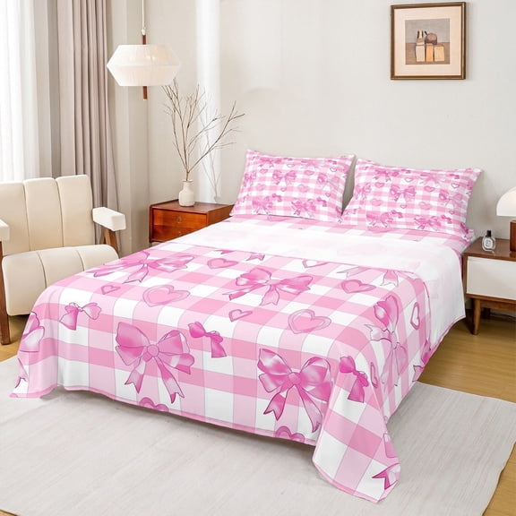 Manfei Princess Bowknot Bed Sheets Twin, Pink Plaid Twin Sheet Sets, Love Heart Bedding Sets Twin Size, Ultra Soft Room Decorative, 3 Pieces