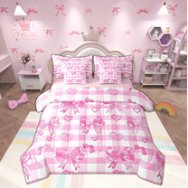 Manfei Princess Bowknot Bed in a Bag Twin size, Pink Plaid Bed Set, Love Heart Reversible Bedding Twin Size, Ultra Soft Room Decorative, 7 Pieces