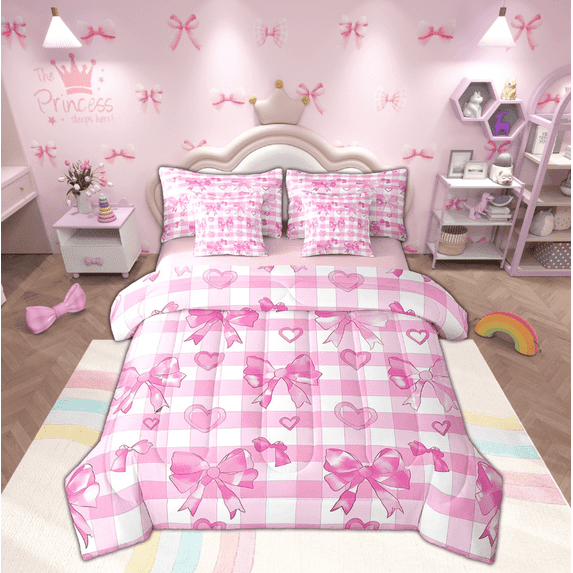 Manfei Princess Bowknot Bed in a Bag Twin size, Pink Plaid Bed Set, Love Heart Reversible Bedding Twin Size, Ultra Soft Room Decorative, 7 Pieces