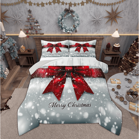 Manfei Princess Bowknot Bedding Comforter Set for Child, Xmas Snowflake Print Twin Comforter Sets, Happy New Year Reversible Bedding Set, Lightweight Room Decor, 2-Piece