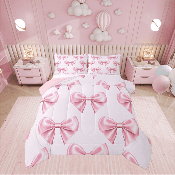 Manfei Princess Bowknot Bedding Sets Twin with Comforter, Kawaii Ribbon Duvet Insert, Cute Cartoon Reversible Comforter Sets Twin Size, Lightweight Room Decorative, 2 Pieces