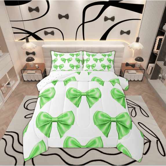 Manfei Princess Bowknot Bedding Sets Twin with Comforter, Kawaii Ribbon Duvet Insert, Cute Cartoon Reversible Comforter Sets Twin Size, Ultra Soft Room Decorative, 2-Piece