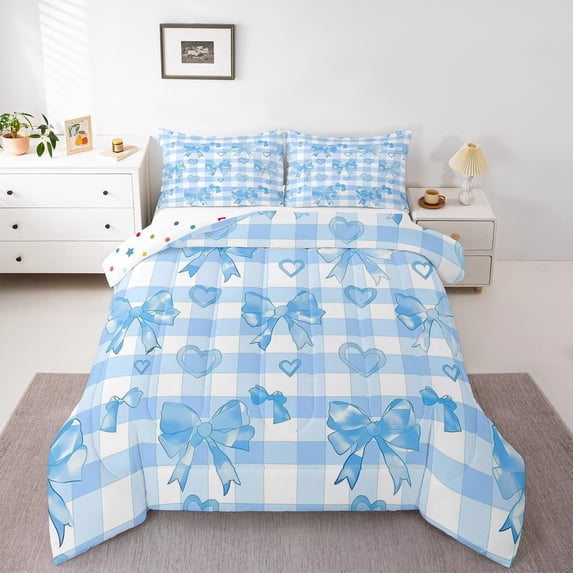 Manfei Princess Bowknot Comforter Sets Twin Size, Blue Comforters & Duvets, Kawaii Plaid Buffalo Reversible Bedding Twin Comforter Set, Super Cozy Bedroom Decoration, 2pcs