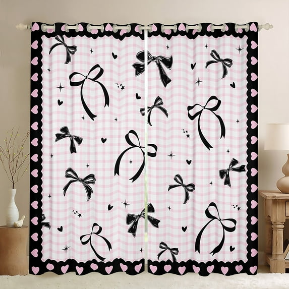Manfei Princess Bowknot Curtains and Drapes (38x45), Black Pink Curtains Pack of 2, Kawaii Plaid Buffalo Black Out Curtains, Super Cozy Room Decor